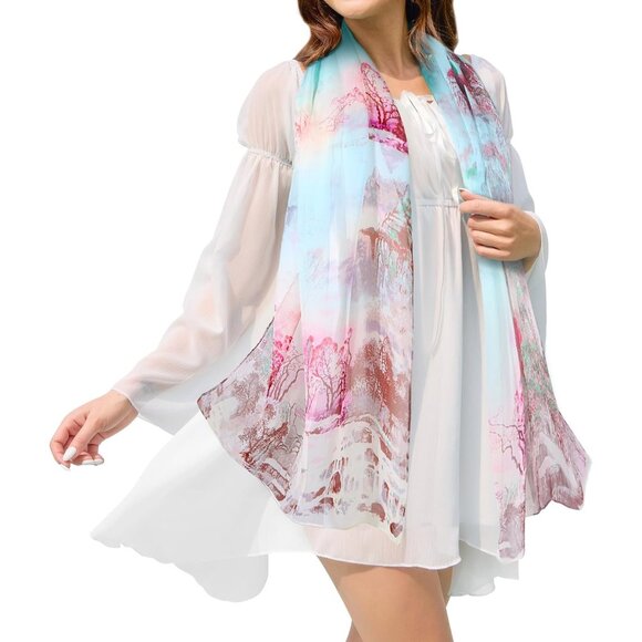 Women's Turquoise Fashion Lightweight Head Scarf Floral Print Chiffon Scarves - Picture 1 of 6